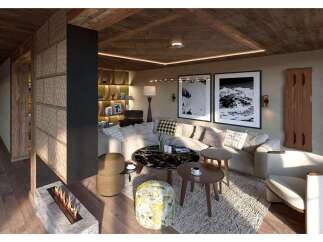 Experience luxury living in this stunning property, featuring a cozy living room with a fireplace and a stylish seating area.