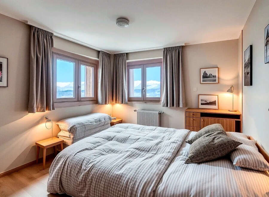 This cozy bedroom offers a serene retreat with stunning mountain views visible through the windows.