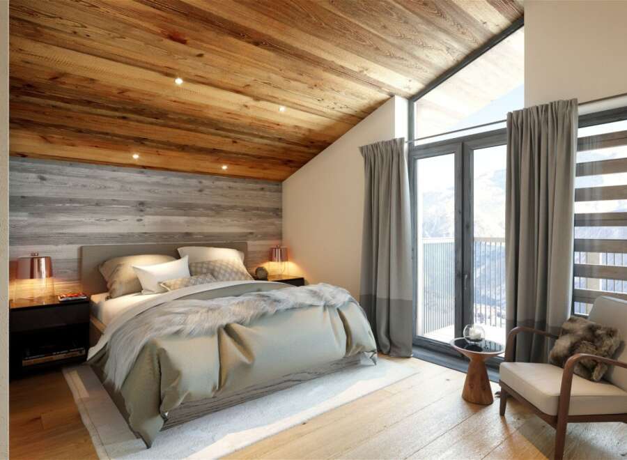 This stunning bedroom boasts a rustic charm with its wooden ceiling and accent wall, creating a warm and inviting atmosphere.