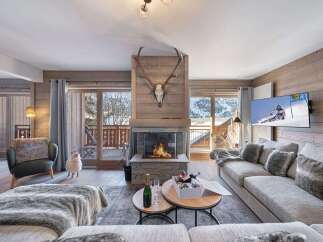 Experience luxury living in this stunning chalet, featuring a cozy fireplace and a spacious living area.