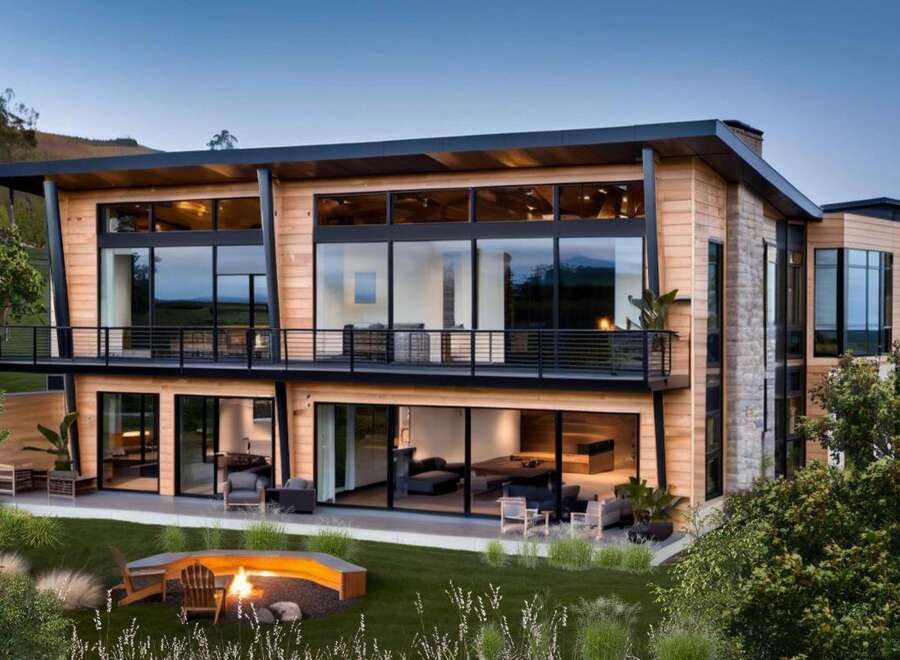 This stunning modern home boasts a sleek design with expansive windows that offer breathtaking views.
