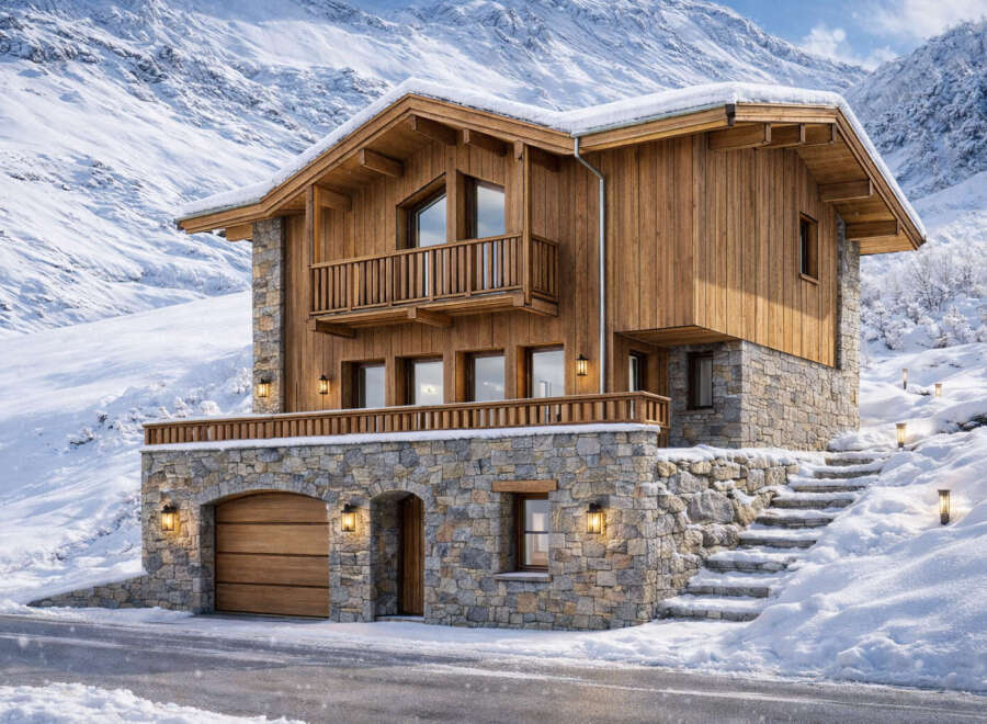 Experience the epitome of alpine luxury in this stunning chalet nestled amidst a snow-covered mountain landscape.