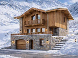 Experience the epitome of alpine luxury in this stunning chalet nestled amidst a snow-covered mountain landscape.