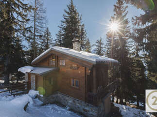Nestled amidst a snowy landscape, this charming wooden chalet offers a cozy retreat.