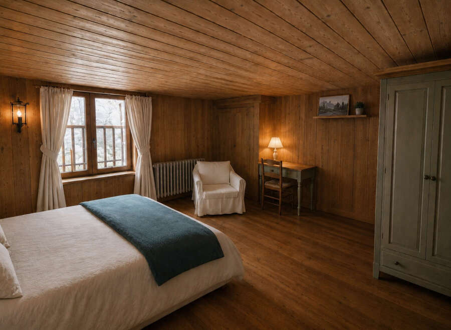 Experience rustic charm in this cozy bedroom, featuring warm wooden walls and ceiling, a comfortable bed with a teal throw, and a vintage-inspired desk with a lamp.