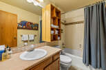 This charming bathroom features a well-lit vanity area with a stylish sink and ample counter space.