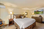 This cozy bedroom features a comfortable king-size bed with decorative pillows and a rustic wooden headboard.