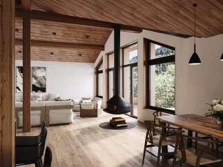 Experience luxury living in this stunning property, featuring a modern design with a cozy fireplace.