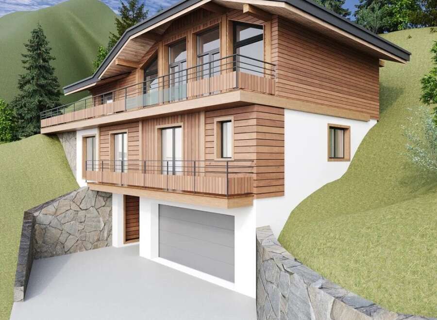 Discover your dream home nestled in the mountains! This stunning property boasts a modern design with a warm, inviting wooden facade.