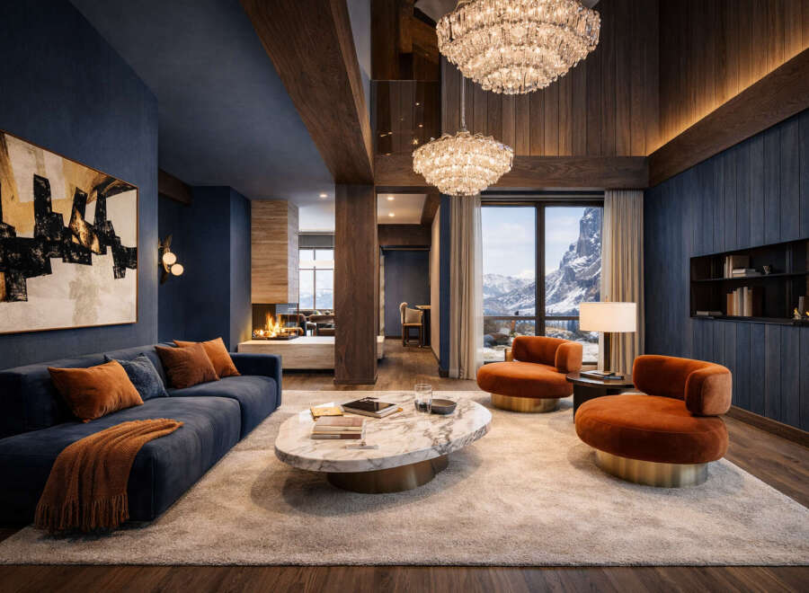 Experience luxury living in this stunning property, featuring a cozy living room with a fireplace and a breathtaking mountain view.