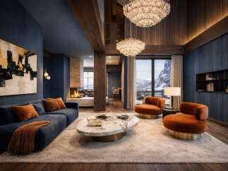 Experience luxury living in this stunning property, featuring a cozy living room with a fireplace and a breathtaking mountain view.