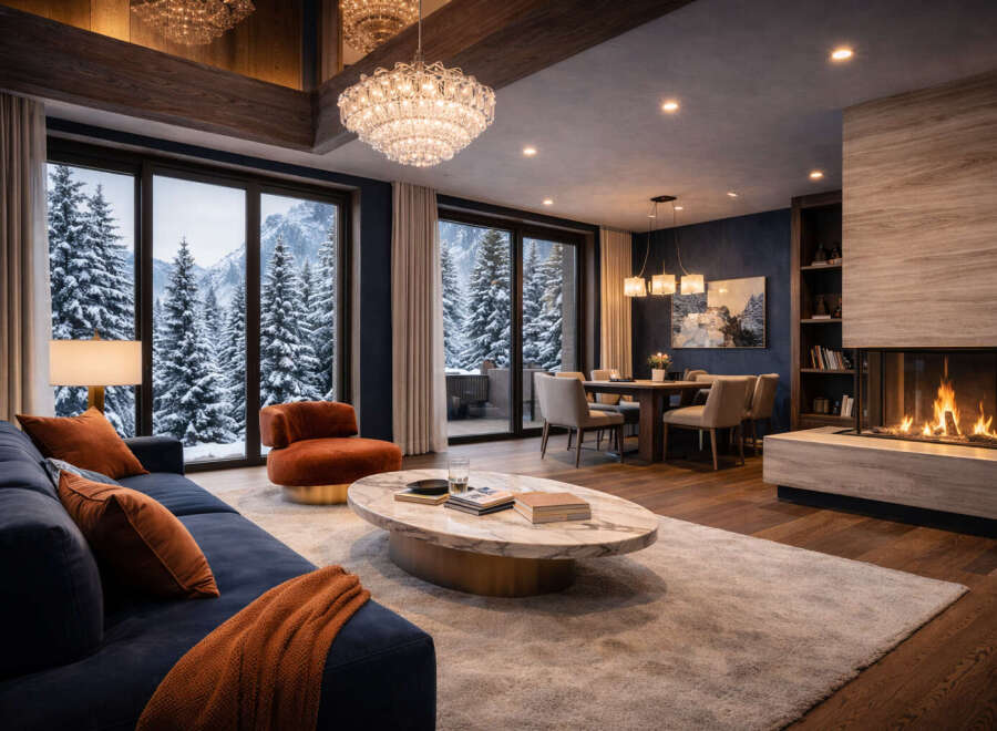 Experience luxury living in this stunning mountain retreat! This exquisite property boasts breathtaking views of snow-covered trees and mountains through expansive windows.