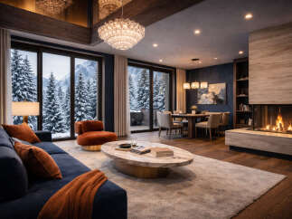 Experience luxury living in this stunning mountain retreat! This exquisite property boasts breathtaking views of snow-covered trees and mountains through expansive windows.