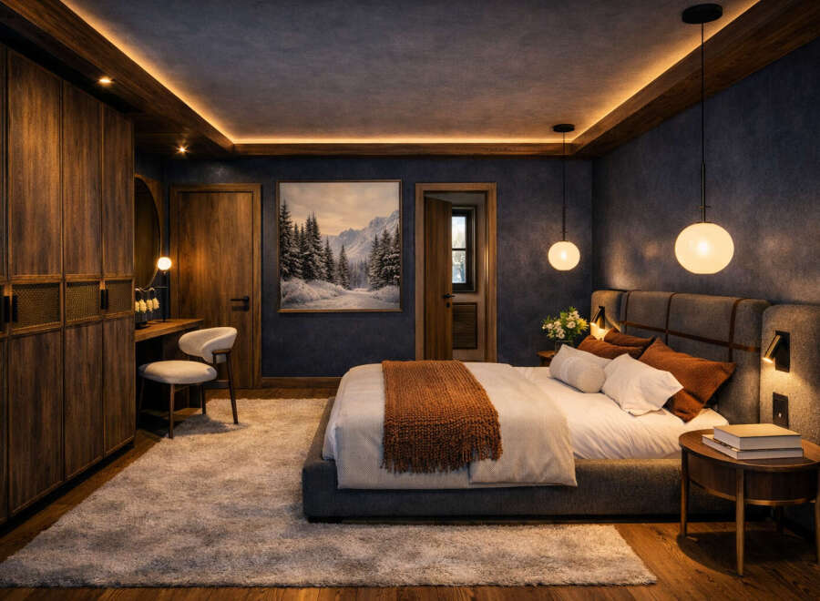 Step into luxury with this stunning bedroom, featuring a cozy ambiance and elegant design.