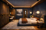 Step into luxury with this stunning bedroom, featuring a cozy ambiance and elegant design.