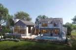 This stunning modern farmhouse boasts a beautiful exterior with a pool, perfect for outdoor entertaining.