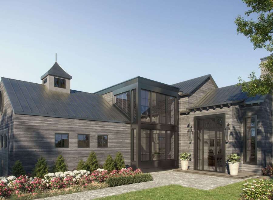 This stunning property showcases modern architectural design with a blend of natural elements.