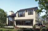 This stunning property boasts a modern farmhouse design with a light-colored exterior and dark trim, creating a striking contrast.