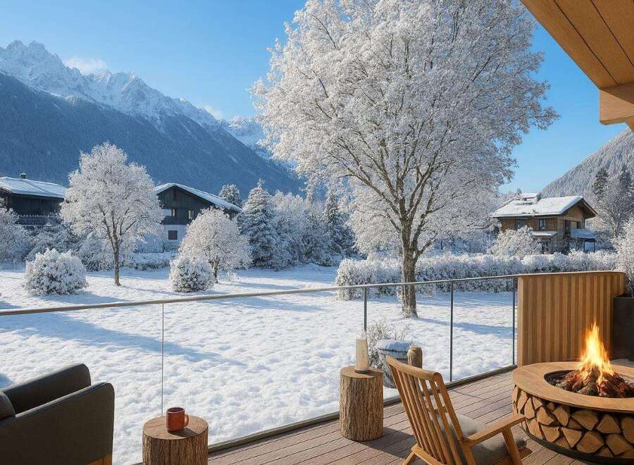 Experience the ultimate winter retreat in this stunning property! Enjoy breathtaking views of snow-covered mountains and a cozy outdoor fireplace, perfect for chilly evenings.