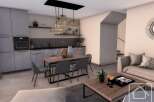 This modern living space features a stylish kitchen with sleek cabinetry and a dining area perfect for entertaining.