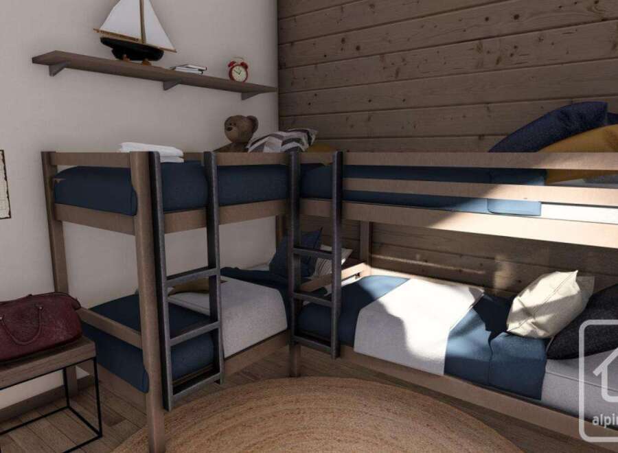 This cozy bedroom features custom-built bunk beds, perfect for a family or group of friends.