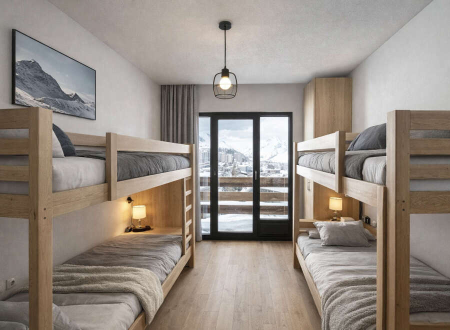 This cozy bedroom features two sets of bunk beds, perfect for accommodating multiple guests or family members.