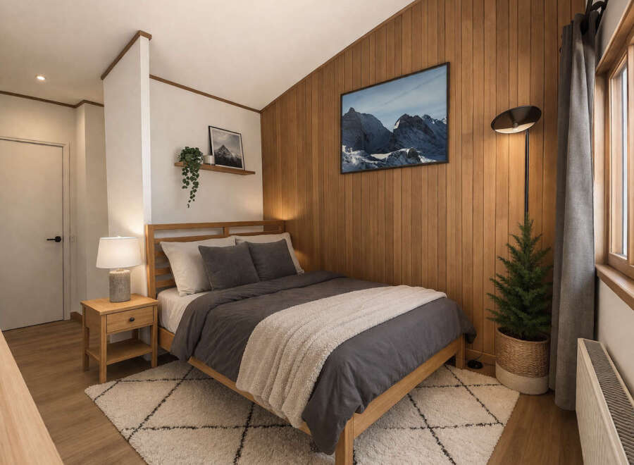 This cozy bedroom features a warm wooden accent wall and a comfortable bed, perfect for relaxation.
