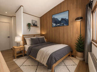 This cozy bedroom features a warm wooden accent wall and a comfortable bed, perfect for relaxation.