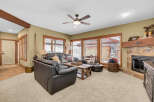 Step into a cozy living space with a rustic charm.