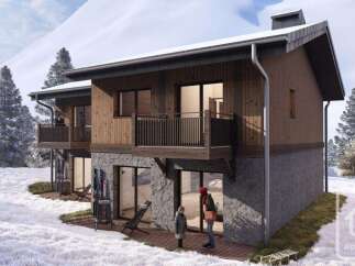 Discover your dream alpine retreat! This stunning property boasts a modern design with a cozy, wooden exterior and stone accents, perfect for a winter getaway.