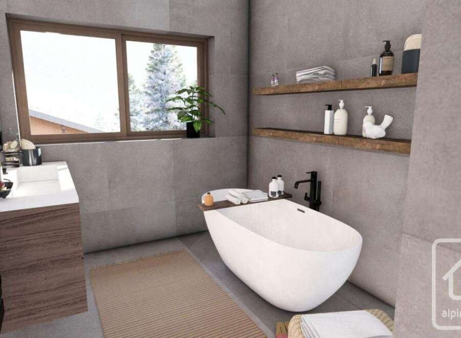 This modern bathroom features a sleek, minimalist design with a freestanding bathtub and floating shelves.