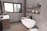 This modern bathroom features a sleek, minimalist design with a freestanding bathtub and floating shelves.