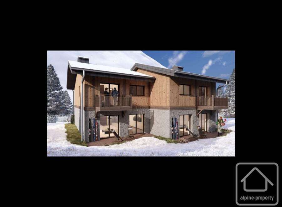 Discover your dream alpine retreat! This stunning property boasts a modern design with a cozy, wooden facade, perfect for enjoying the snowy mountain views.
