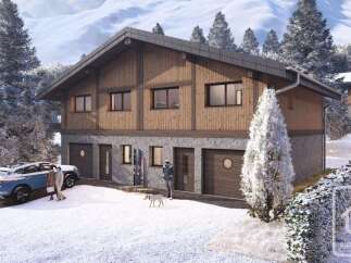 Discover your dream alpine retreat! This stunning property boasts a modern design with a warm, inviting wooden facade and a stone base.