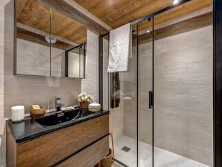 Step into a beautifully designed bathroom featuring a sleek black sink and a modern glass shower enclosure.