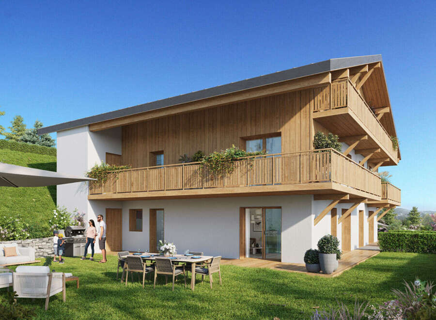 Experience modern alpine living in this stunning property featuring a beautiful wooden facade and multiple balconies offering scenic views.