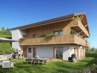 Experience modern alpine living in this stunning property featuring a beautiful wooden facade and multiple balconies offering scenic views.