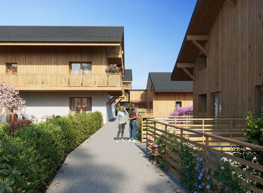 Discover modern living in this stunning wooden-clad property, featuring balconies with scenic views and lush surrounding greenery.