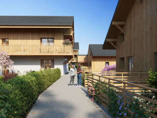 Discover modern living in this stunning wooden-clad property, featuring balconies with scenic views and lush surrounding greenery.