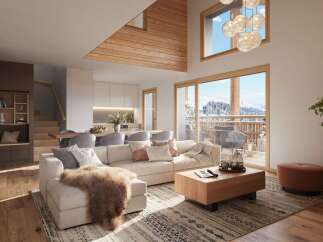 Experience luxury living in this stunning property, featuring a spacious open-plan design with a cozy living area.