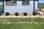 Charming property with a welcoming facade, featuring a row of vibrant flower pots adding a touch of color.