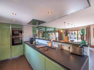 This modern kitchen boasts sleek, green cabinetry and a dark countertop, creating a stylish and functional space.