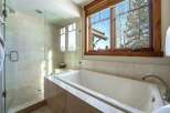This luxurious bathroom features a modern design with a spacious walk-in shower and a relaxing soaking tub.