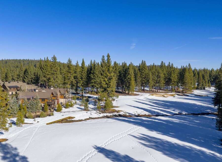 Discover a stunning property nestled in a winter wonderland, surrounded by towering pine trees and pristine snow.