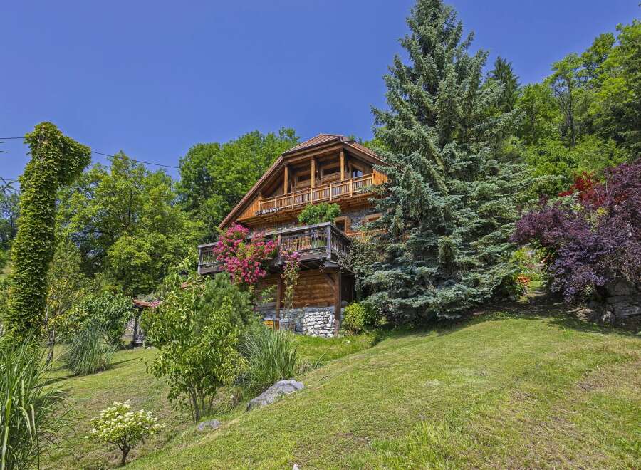 Nestled amidst lush greenery, this charming wooden house offers a serene escape.