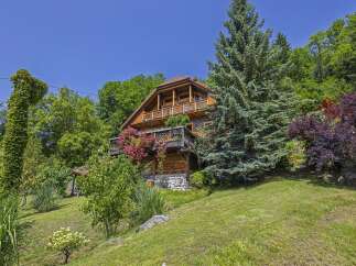 Nestled amidst lush greenery, this charming wooden house offers a serene escape.