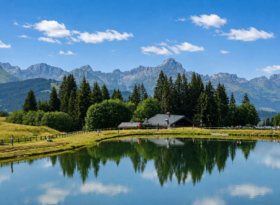 Discover serene mountain living with this stunning property featuring a charming lakeside cabin nestled amidst lush greenery and majestic peaks.