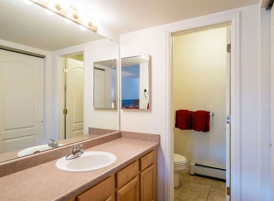 This well-maintained bathroom features a stylish vanity with ample storage and a sleek sink.