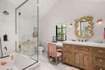 This charming bathroom features a unique blend of rustic and elegant design elements.