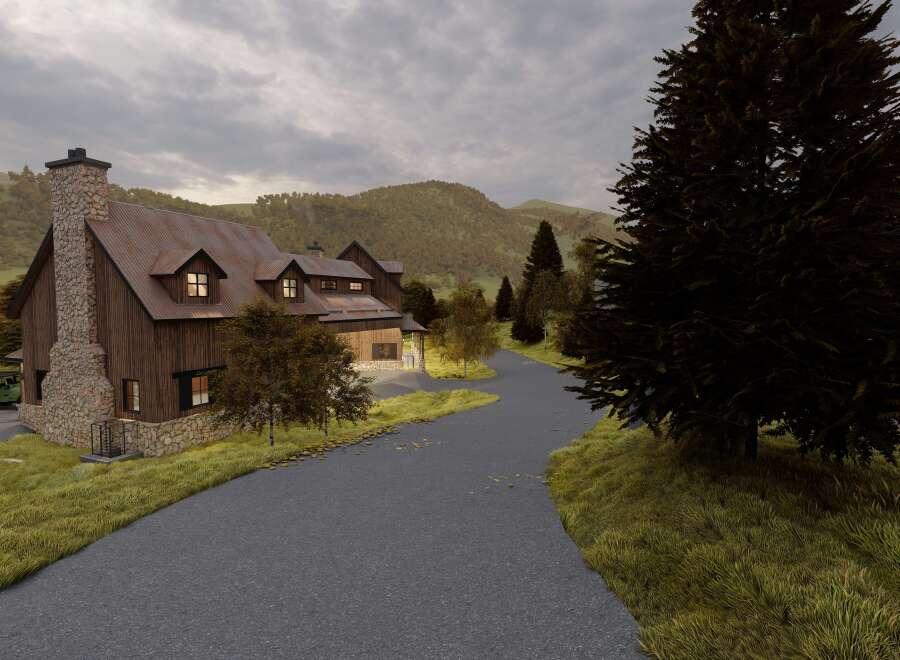This stunning property boasts a rustic charm with its wooden exterior and stone chimney, offering a serene escape.